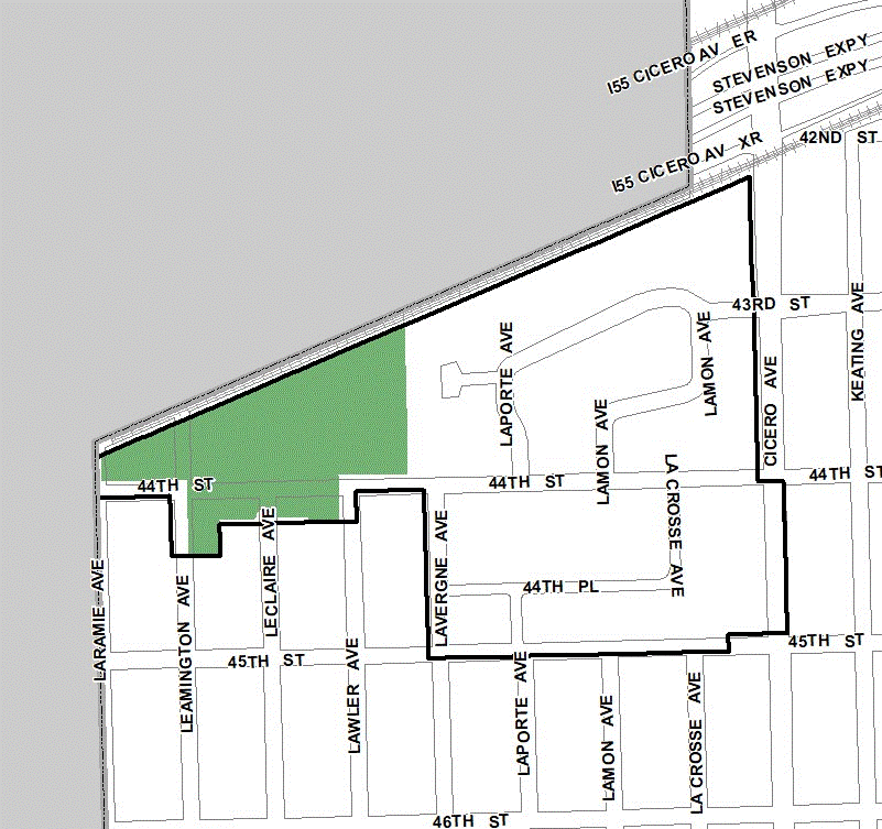 Cicero/Stevenson TIF district, roughly bounded on the north by 42nd Street, 45th Street on the south, Cicero Avenue on the east, and Laramie Avenue on the west.